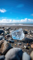 A glistening chunk of ice rests on a rocky beach with soft waves and a clear blue sky dotted with clouds in the background landscape scene.