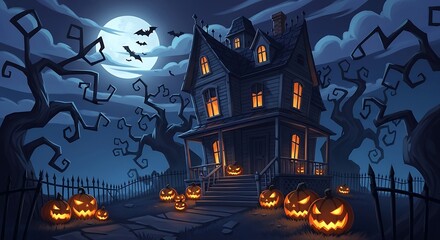 Haunted house on halloween night with pumpkins and scary decorations