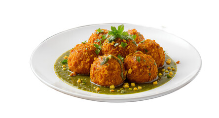 Crispy Fried Food Balls with Green Sauce and Garnishes