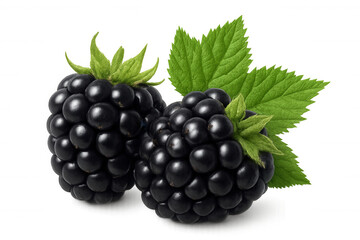 Blackberries with fresh green leaves, ripe dark berries, healthy and natural food, transparent background