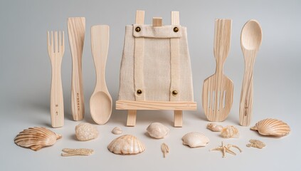 Wooden kitchen utensils and seashells arranged on a light gray background, with a small canvas apron on a miniature easel