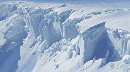 An aerial view shows the fractured edge of a massive ice shelf, revealing the stunning beauty and fragility of the polar landscape.