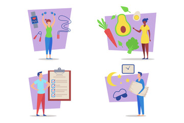 Collection of various activities and practices promoting fitness and healthy living. Exercises, nutrition, planning, and goal-setting methods for balanced lifestyles