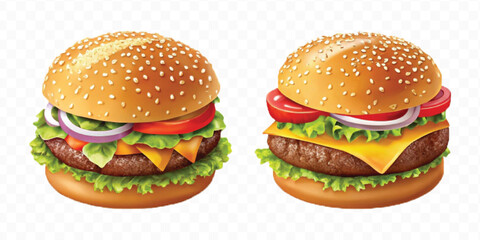 realistic tasty beef burger set in different style isolated on transparent background