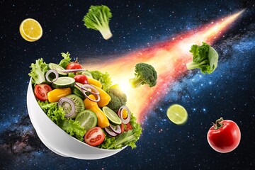 Salad bowl floating space vegetables tomato cucumber broccoli comet galaxy starry background