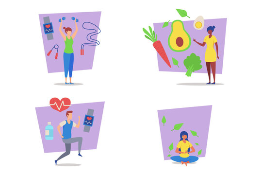 Four illustrations with individuals engaging in various wellness activities including exercising, eating healthy foods, and practicing mindfulness. Health and fitness concept