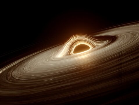 Supermassive black hole warps spacetime around it with accretion disk of matter on a dark background.