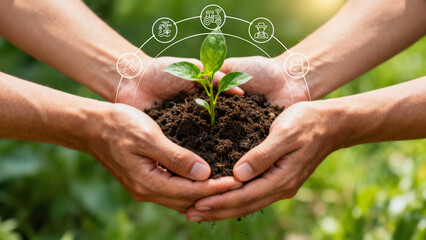 Two hands hold a young plant in soil, symbolizing growth, sustainability, and collaboration in an eco-friendly environment.
