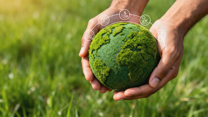 A pair of hands holds a moss-covered globe, symbolizing environmental care and sustainability against a backdrop of lush green grass.