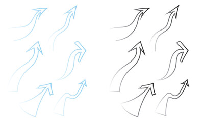 Wind direction site analysis symbols for site planning.  Blue and black arrow symbols illustrating wind direction and airflow patterns, commonly used in site analysis, planning.
