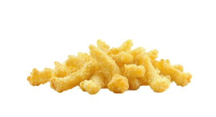 Crispy golden snack sticks, crunchy textured appetizer, delicious food photography, isolated on white background