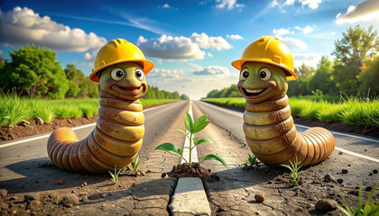 Two cheerful cartoon-like worms wearing yellow hard hats on a cracked road with fresh soil and sprouts - Generative AI