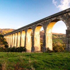 Obraz premium A long stone arch bridge stretches across a valley at golden hour