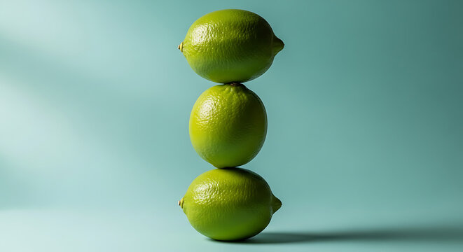 A stack of three green limes balanced on top of each other against a blue background studio shot