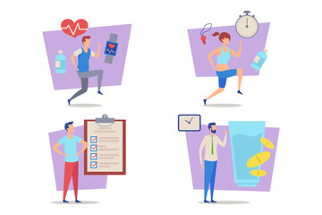 Individuals engaged in various health and fitness activities. One person running while another checking fitness tracker. Checklist and health supplements emphasizing wellness routines