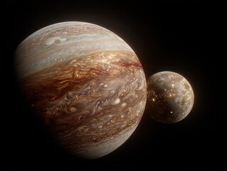 The gas giant planet Jupiter alongside its moon Ganymede are displayed against a deep black void in this cosmic, otherworldly scene.