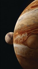 The colossal planet Jupiter is pictured next to one of its moons against the dark emptiness of interstellar space du the early morning hours.