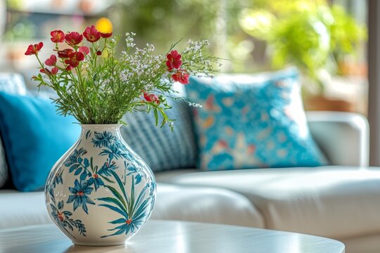 A decorative vase with vibrant red flowers sits on a table amidst a living room setting, featuring soft teal cushions and a light-colored sofa.