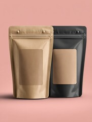 Two standing pouches one brown and one black with square label are displayed against soft pink backdrop in minimalist packaging mockup scene.
