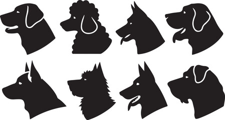 Black Silhouette Dog Head Illustrations of Various Breeds in Grid Layout