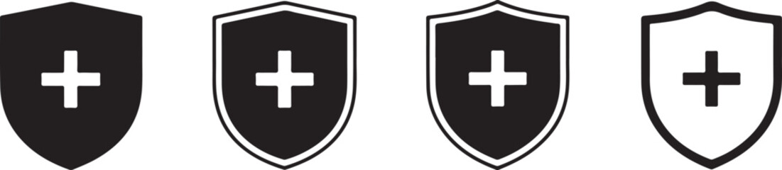 Minimalist Black Shield Icons with White Crosses in Flat Heraldic Design
