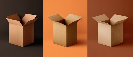 Three open cardboard boxes showcase versatile packaging options on a brown, orange, and reddish-brown color blocked background, displaying depth.