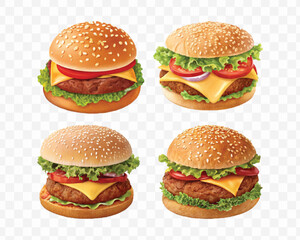 realistic tasty beef burger set in different style isolated on transparent background