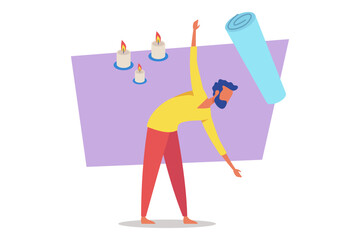Man stretching gracefully in serene environment. Candles flickering softly nearby, and yoga mat rolled out