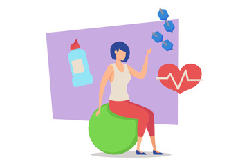 Woman seated on exercise ball engaging in wellness activities. She waving surrounded by health-related items like bottles and heartbeat symbol. Fitness routines concept