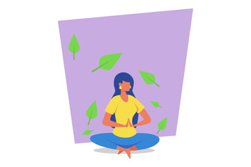 Woman sitting cross-legged in serene pose, practicing meditation indoors, surrounded by green leaves against soft purple background