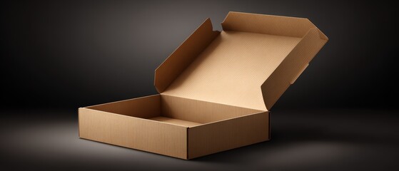 An open and empty corrugated cardboard box rests on a dark surface showcasing its simple design and potential use for packaging items.