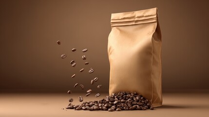 A brown paper bag stands near falling coffee beans on a brown surface, suggesting fresh coffee and high-quality packaging for sale.