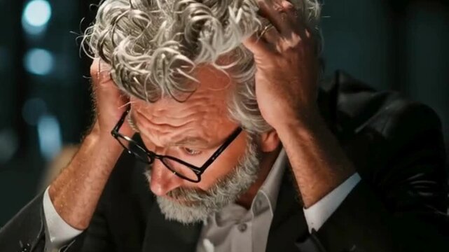 Stressed senior businessman holding head in hands, workplace anxiety concept