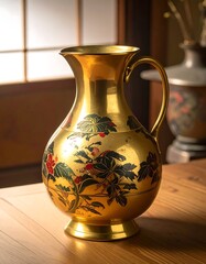 Ornate gold pitcher with floral design, sits on wooden table