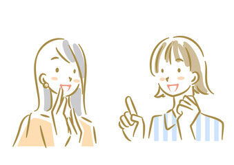 Two young women chatting happily - A soft, stylish line drawing illustration