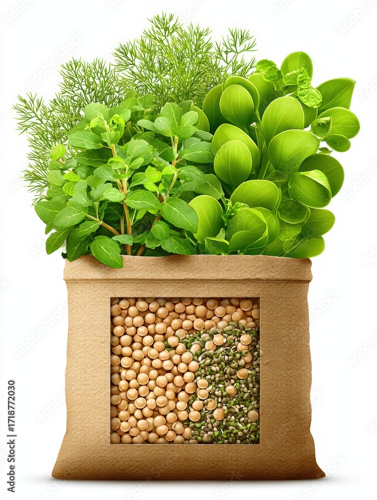 Poster an illustrative burlap sack holds fresh herbs sprouting from the top while showing dried legumes and
