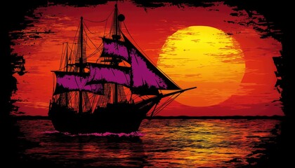 Obraz premium Silhouette of Pirate Ship Sailing at Sunset, Dramatic Sky.