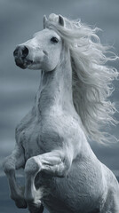 Fototapeta premium Oil Painting of Majestic White Horse Rearing Against Dramatic Stormy Sky