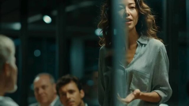 "Businesswoman speaking in corporate meeting, leadership and teamwork concept