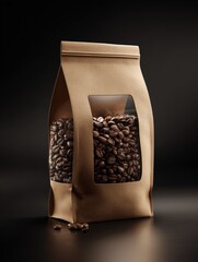 A brown paper package of premium roasted coffee beans sits against a dark background ready to be brewed for a morning wake up beverage.