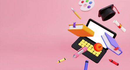 Back to school creativity featuring a laptop and stationary items. 3D render illustration