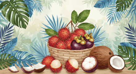 Rambutan mangosteen coconut tropical fruit arrangement
