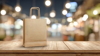 A plain brown paper shopping bag sits on a rustic wooden table in a blurred night market or fairground setting with lights behind it.