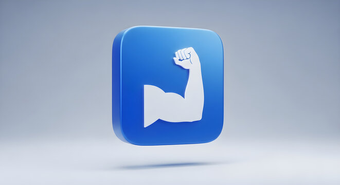 Glossy blue 3D push button with a muscle arm icon symbolizing digital strength and online fitness