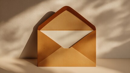An open invitation envelope sits gracefully in the soft light of a serene sunlit room casting gentle shadows on the cream surface behind it.