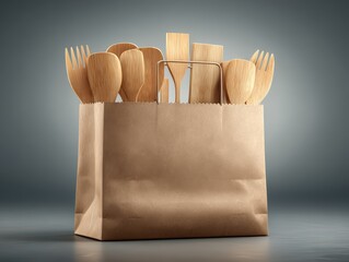 A brown paper bag is filled with an assortment of wooden kitchen utensils, perfect for cooking and baking delicious homemade meals today.