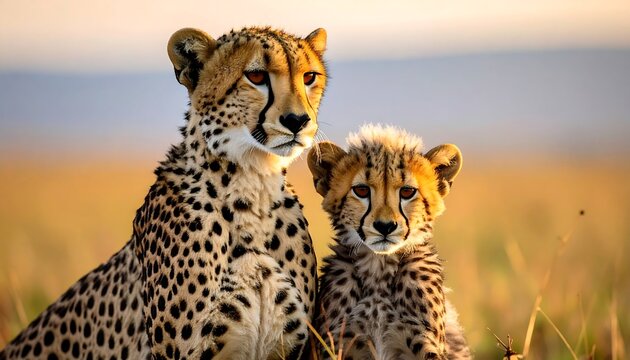 Cheetah mother and cub in the wild.
