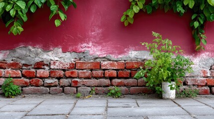 Rustic Red Brick Wall with Green Vines and Lush Plant in Bright Sunlight
