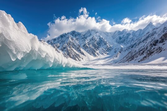 Frozen lake, snow-capped peaks, vibrant blue water