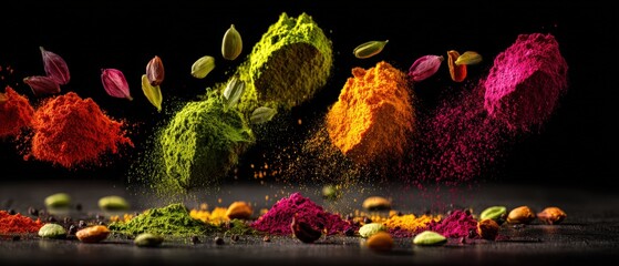 Colorful spices and seeds are artfully arranged on a dark surface, creating a vibrant explosion of colors and textures for a culinary display.